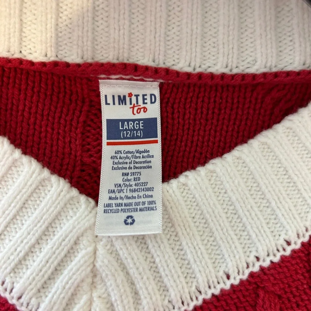 Limited Too Kids Red White V-Neck Cable Knit Sweater Athletic 87 Patch Size Larg